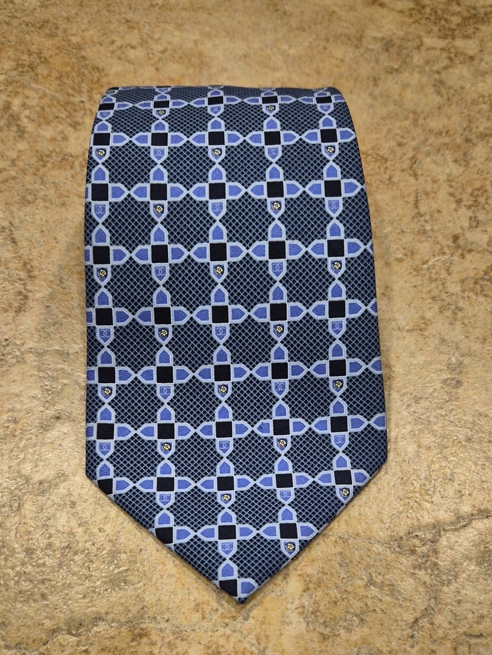 CHANEL PARIS Navy and Light Lilac Geometric Silk Tie. Made In Italy.